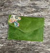 Funky Boho Mushroom Leather Clutch | Green Leather Clutch with Fun Boho interior and lil Appliquéd Boho Mushie | Boho Green Leather Clutch