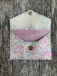 Delicate Floral Handmade Leather Clutch with pretty Metallic Pink interior