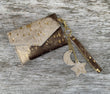Galactic Metallic Wristlet, Gold Acid Washed Hide Wristlet with Strap, Galaxy Leather Moon and Stars Charms, Acid Washed Leather Clutch